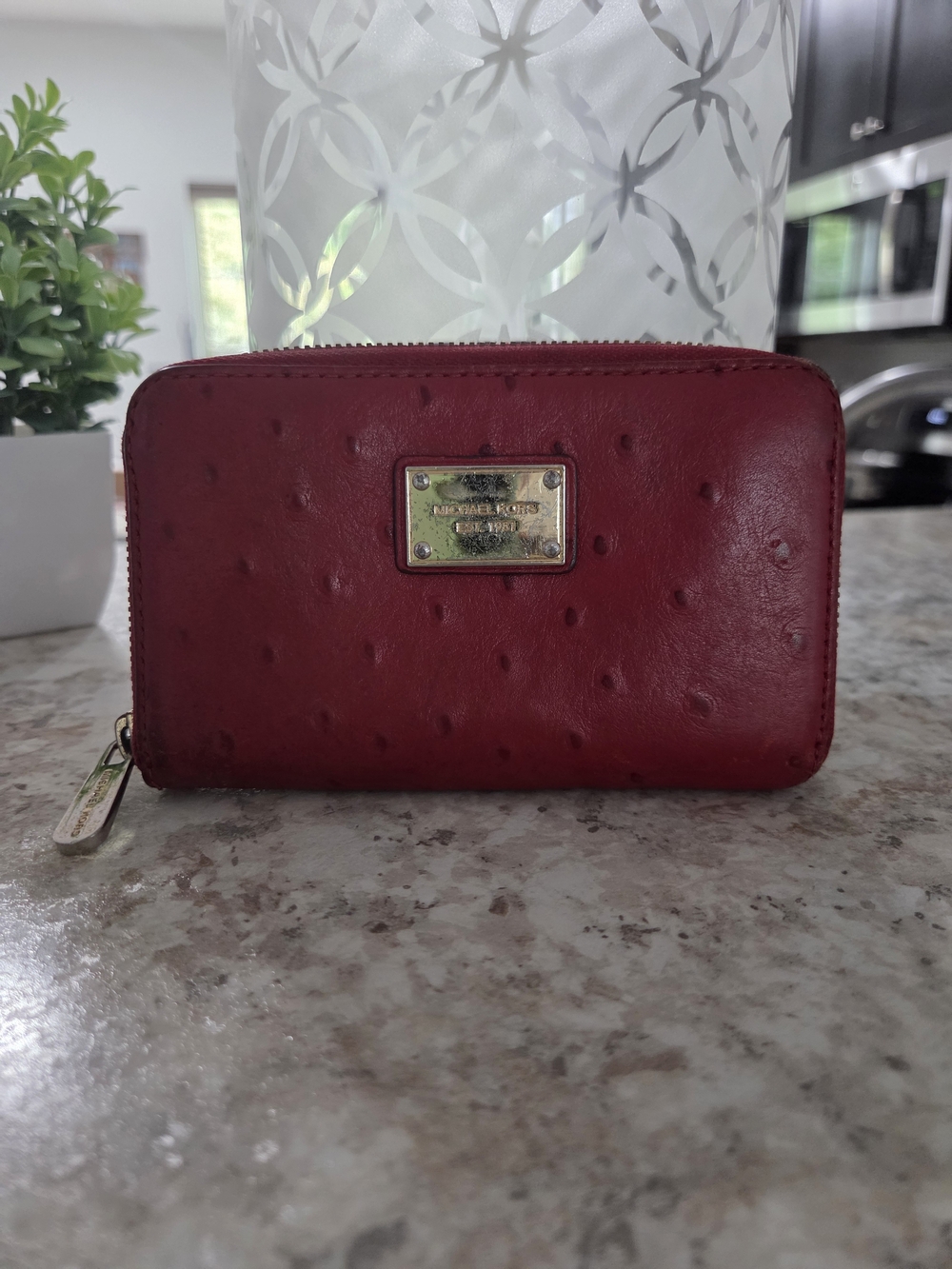 Michael Kors Burgundy Zip-Around Leather Wallet with Gold Plaque